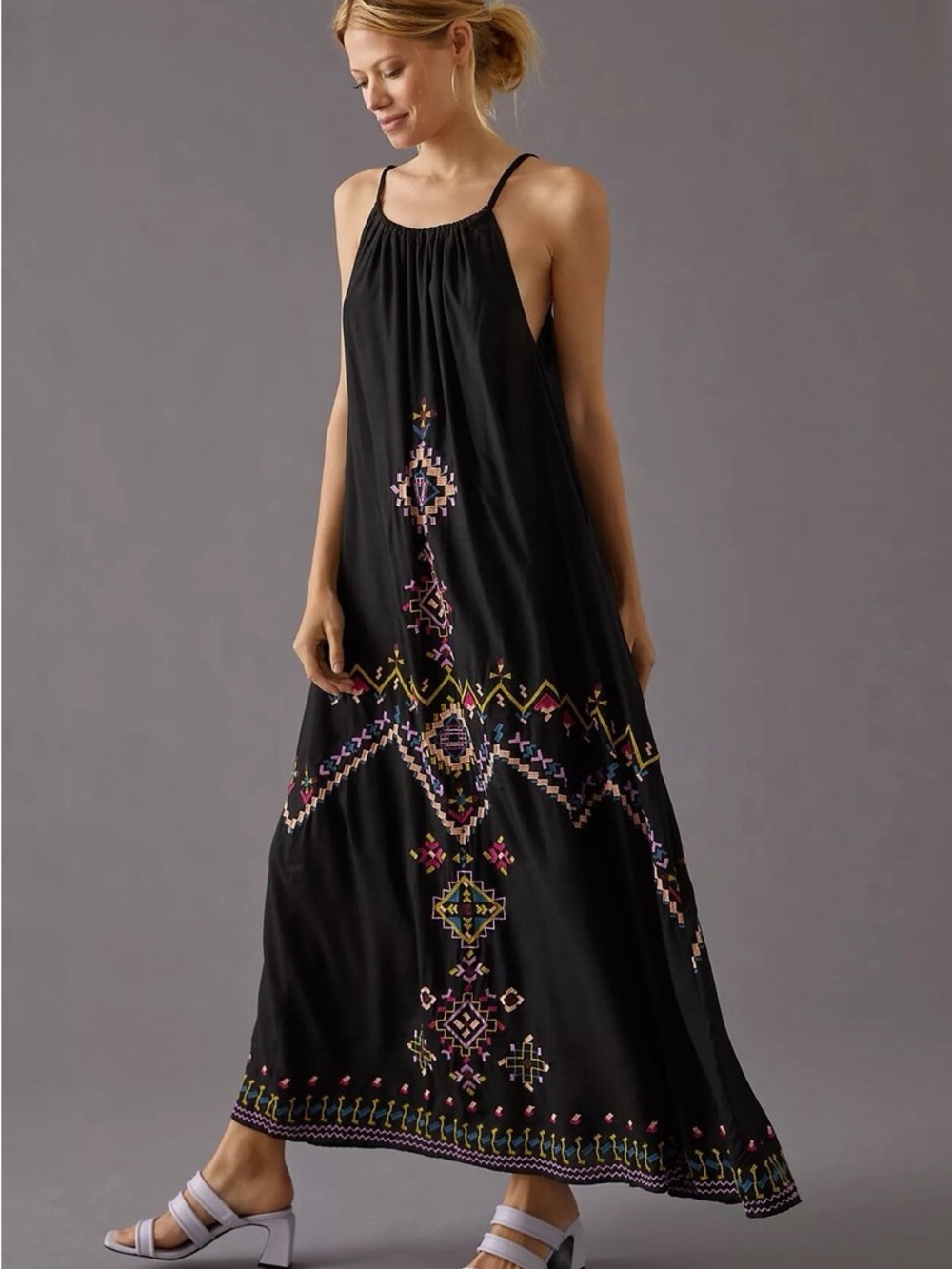 Anthropologie multicolor, embroidered black maxi dress